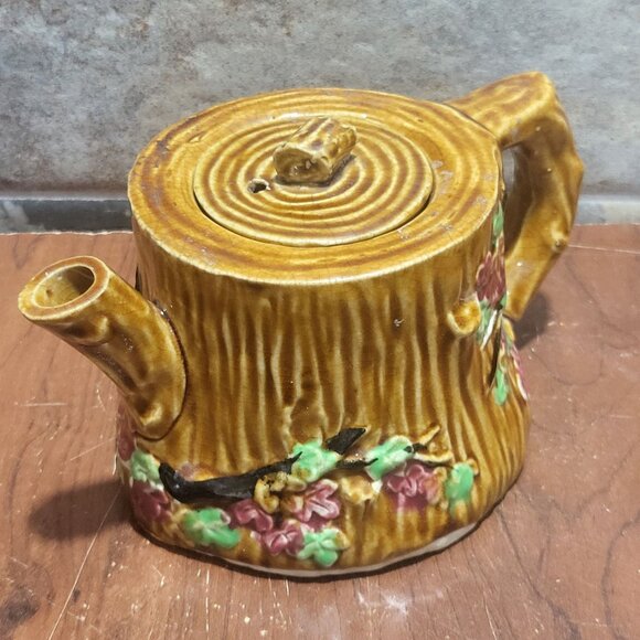 Vintage Wooded Log Cherry Blossoms Ceramic Tree Teapot Japan 4.25" - Picture 7 of 10